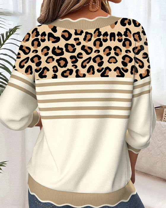 Sweater V-Hals Leopardprint Kontrast