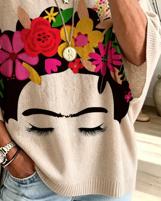 Loose Fit Ansigt Blomstret Tryk Pullover