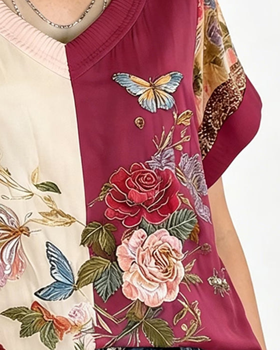 Bluse V-Hals Asymmetrisk Patchwork Blomstret