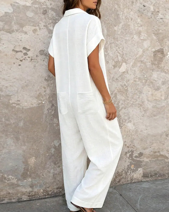 Afslappet Ensfarvet Jumpsuit Med Krave