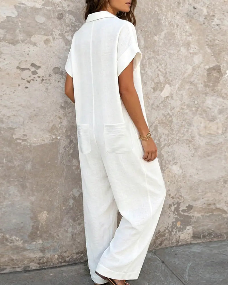 Afslappet Ensfarvet Jumpsuit Med Krave