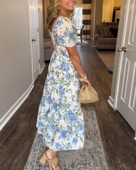 Kjole Firkantet Udskæring Plisseret Blomstret A-Linje