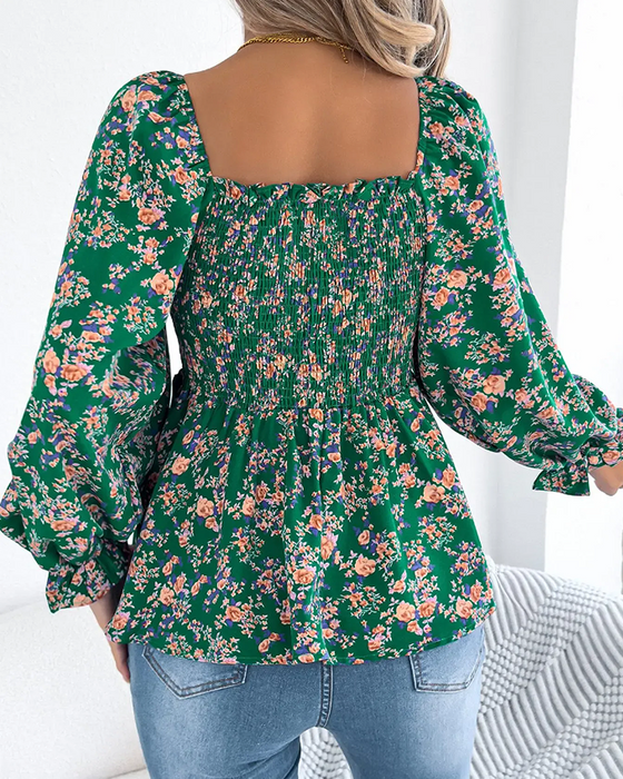 Bluse Firkantet Hals Rynket Blomstret Ruffle