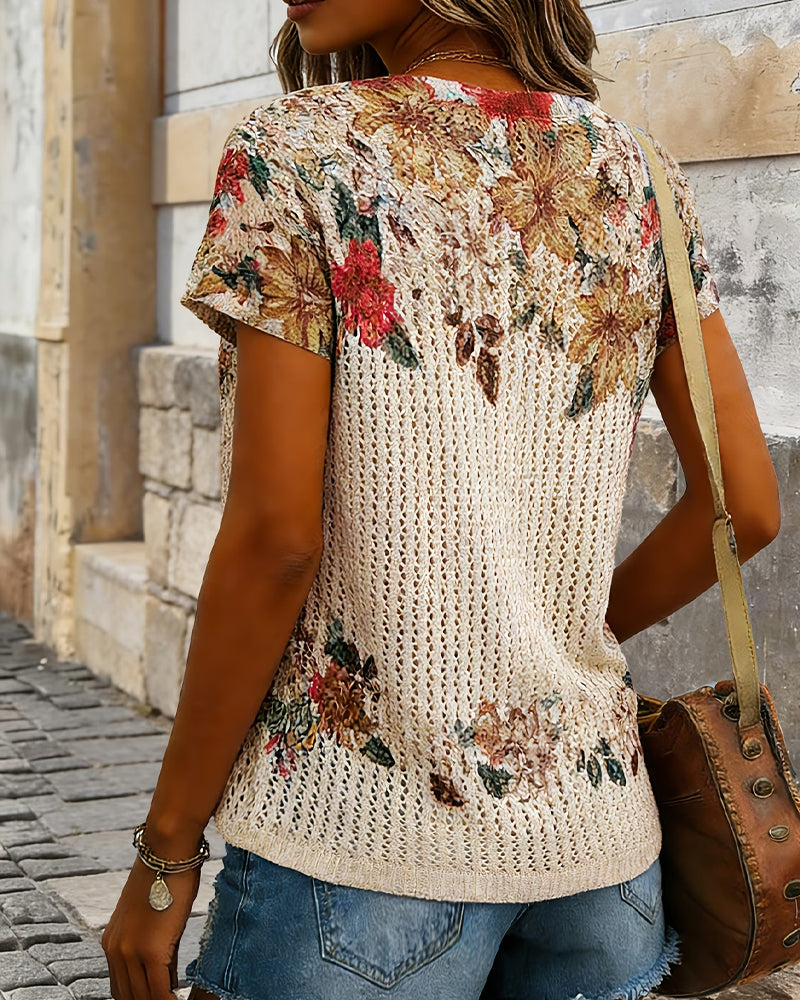 Knit Top Udskåret Blomstrende Kort Ærme