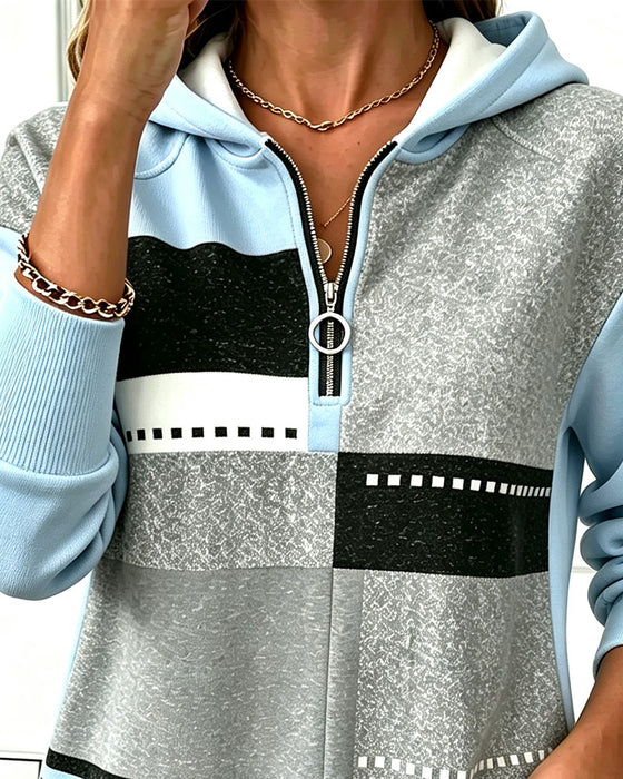 Hoodie Halv Lynlås Kontrast Geometrisk Tryk
