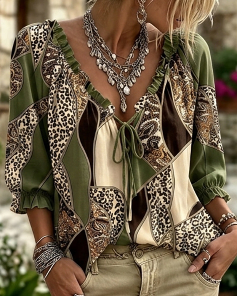 Bluse V-Hals Leopard Pufærme Bind