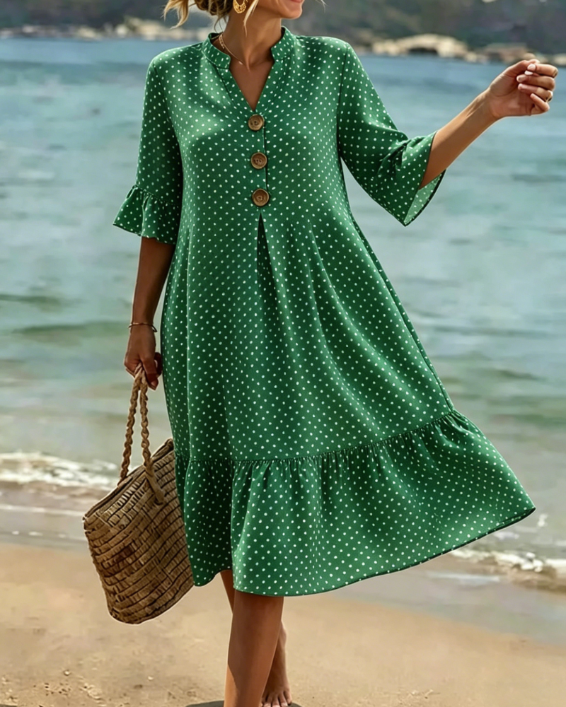 Kjole Polka Dot V-Hals Rynket Ærme