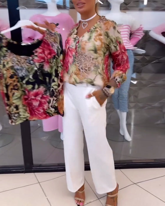 Bluse Med V-Hals Blomsterprint