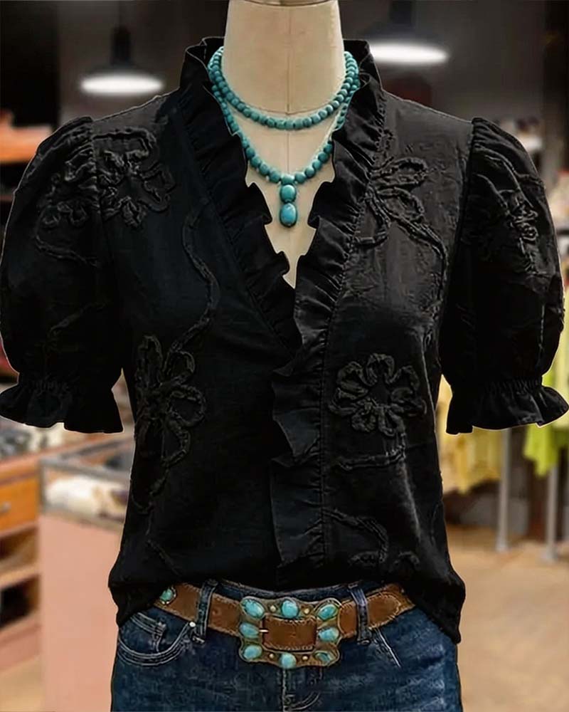 Bluse V-Udskæring Rynkekant Puffærme