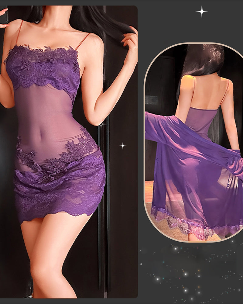 Natkjole-Sæt Ensfarvet Rynket