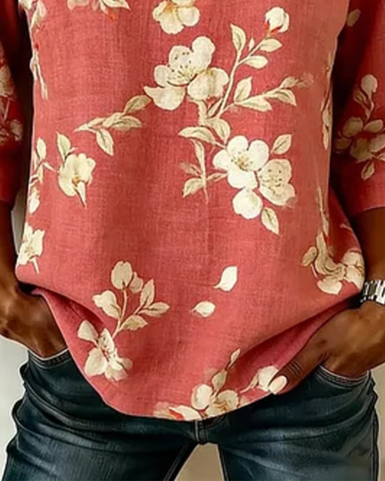 Bluse Blomstertryk Sideknap 3/4-Ærme