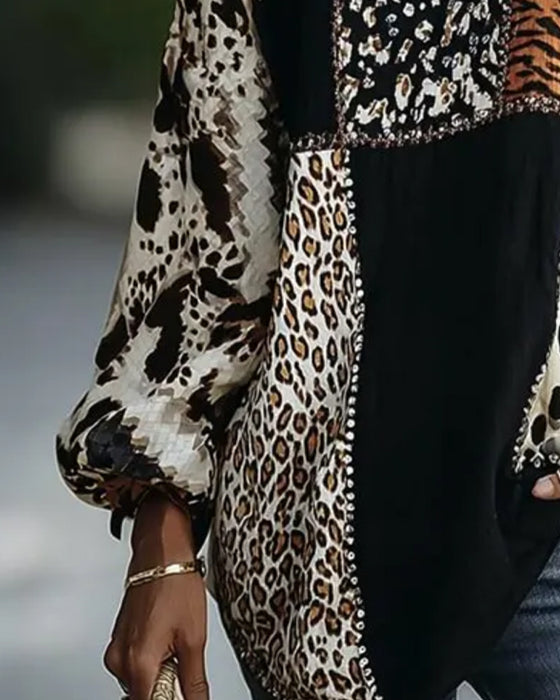 Bluse Rund Hals Leopard Tiger Tryk Kontrast