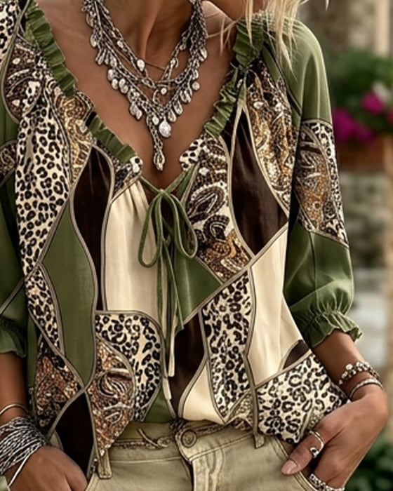 Bluse V-Hals Leopard Pufærme Bind