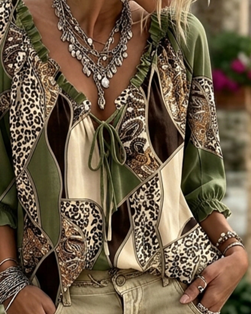 Bluse V-Hals Leopard Pufærme Bind