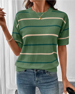 Pullover Streep Contrastkleur Korte Mouw Gebreid