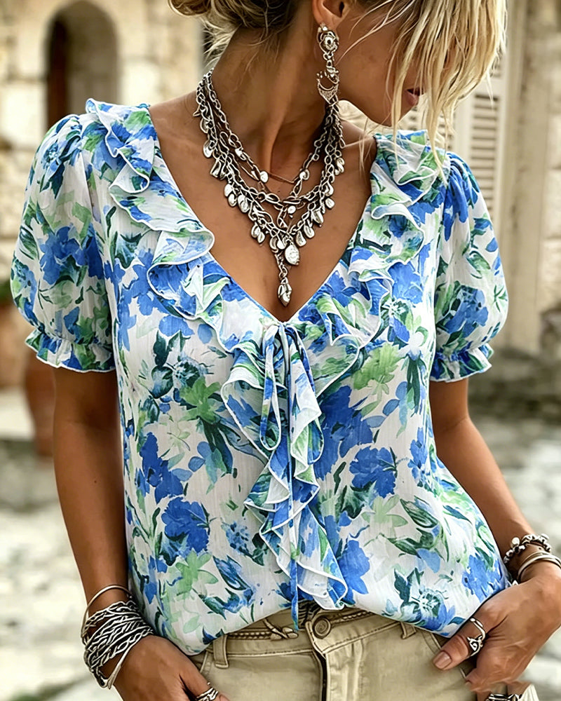 Bluse V-Hals Ruffle Bobble Ærme