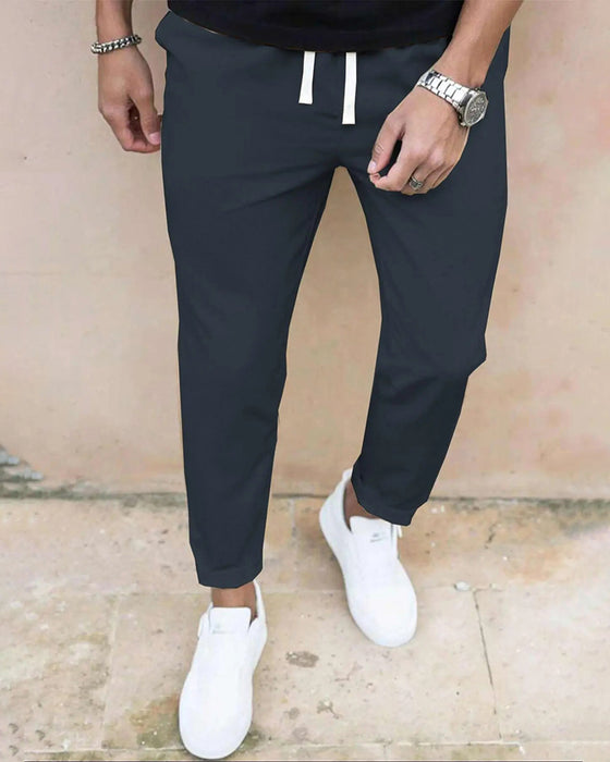 Herre Bukser Ensfarvet Snøre Slim Fit Croppet