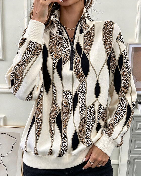 Sweatshirt Geometrisk Paisley Halv Lynlås Stående Krave