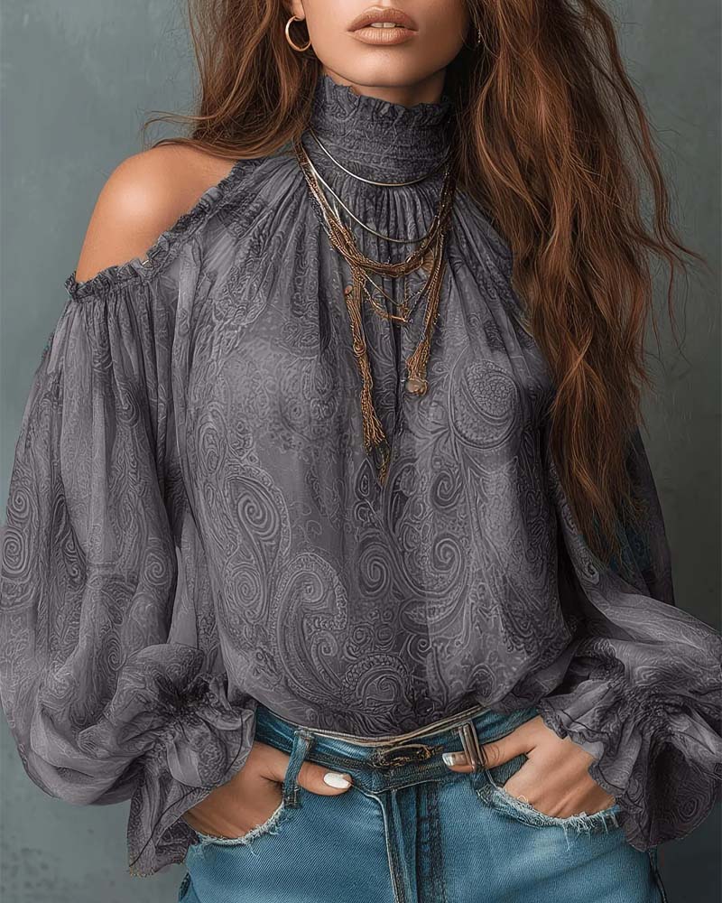 Bluse Trykt Off-Shoulder Mandarin Krave