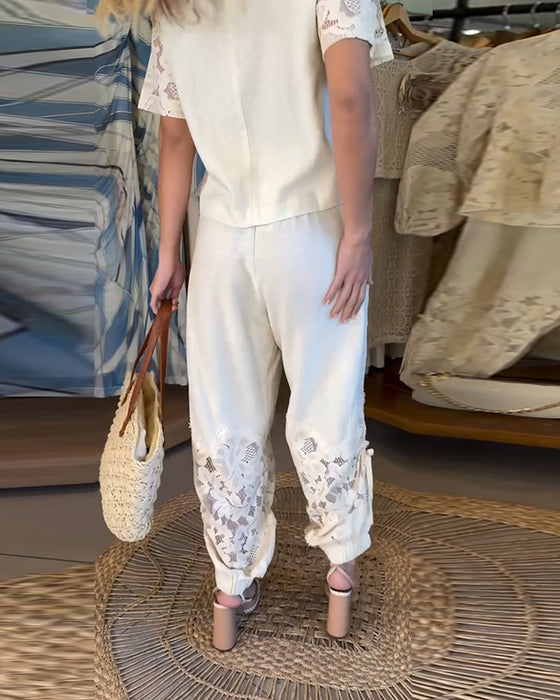 Pants Ensfarvet Blonder Patchwork Rynket Lang