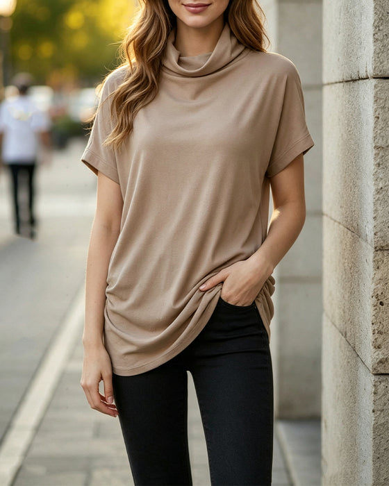 Bluse Mock Hals Kort Ærme Side Rynket