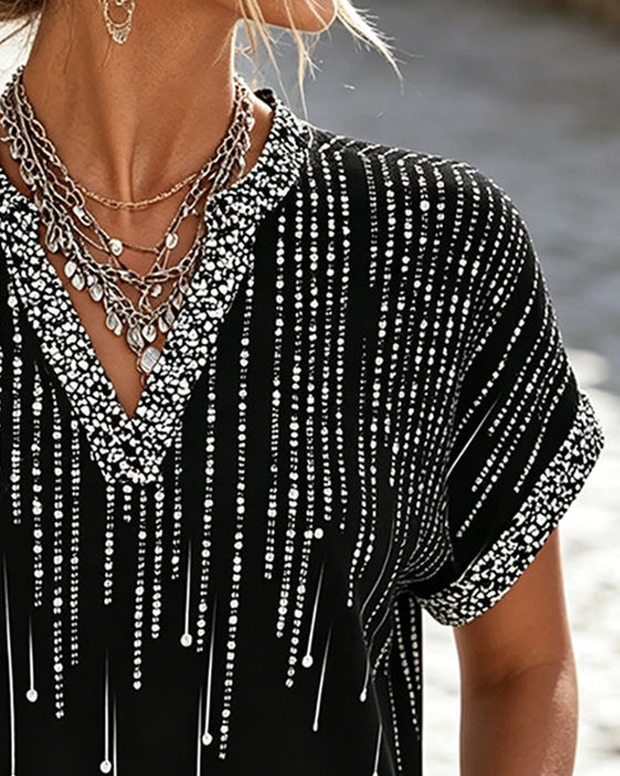 Bluse Off-Skulder V-Hals Tryk