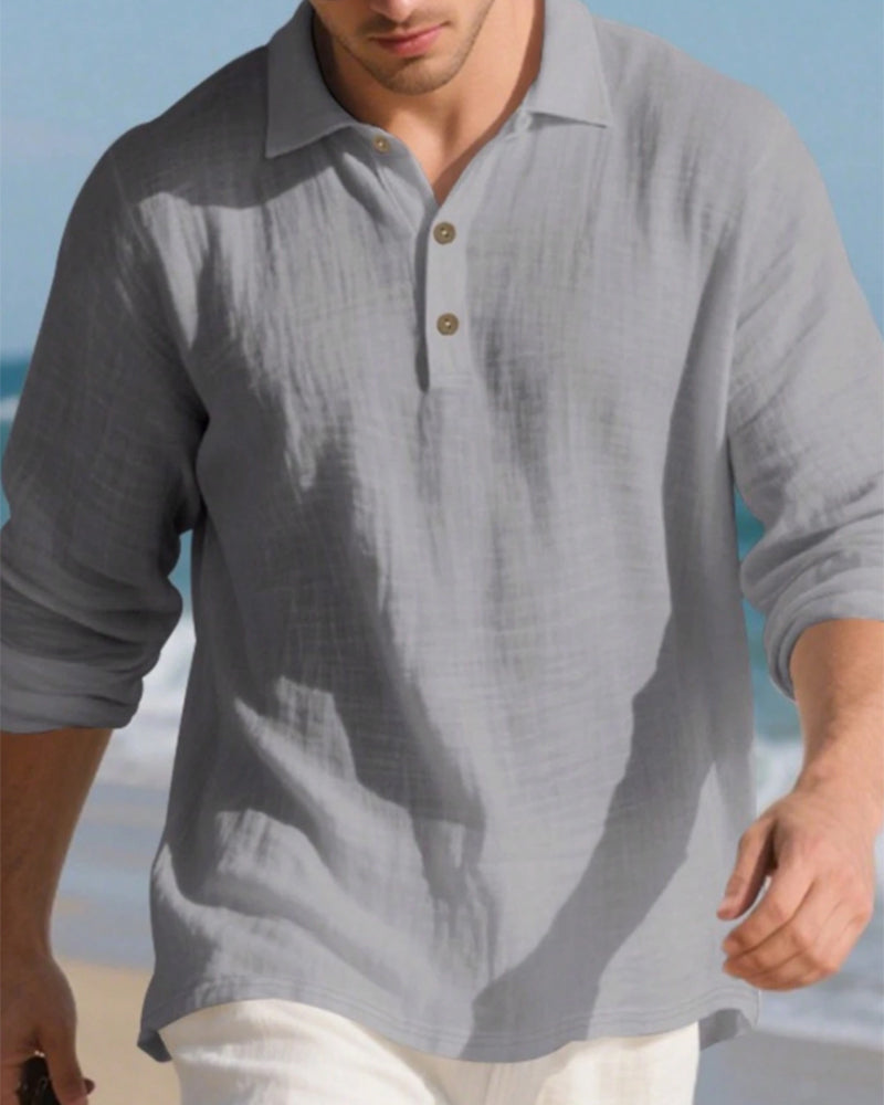 Skjorte Herre Letvægt Løs Hør Langærmet Polo