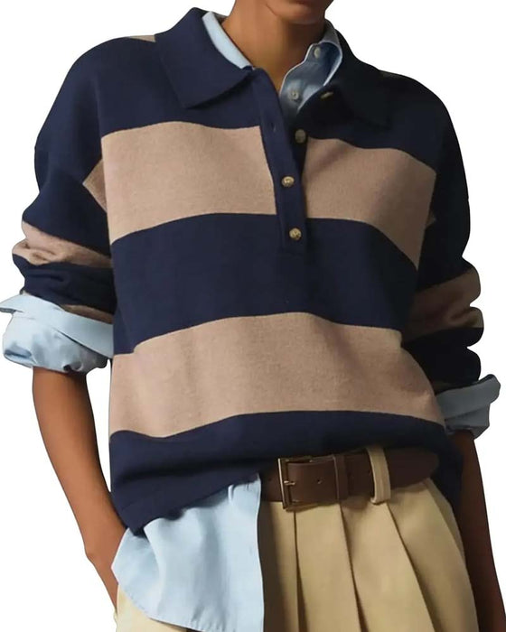Pullover Med Bred Stribet Knappet Krave