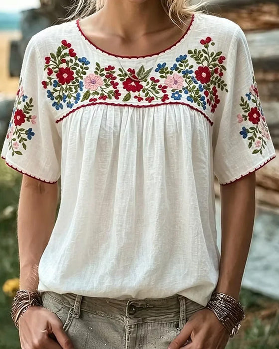 Bluse Rundhalset Broderet Bohemian