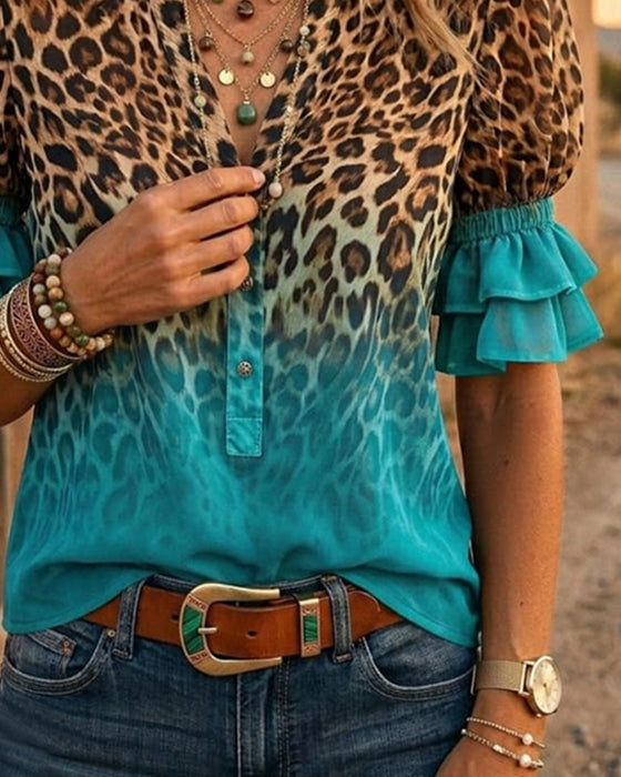 Leopardmønster V-Hals Gradient Rynke Bluse