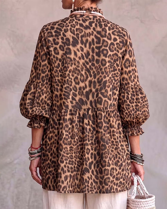 Top Leopard Tryk Rynke Trim Knap