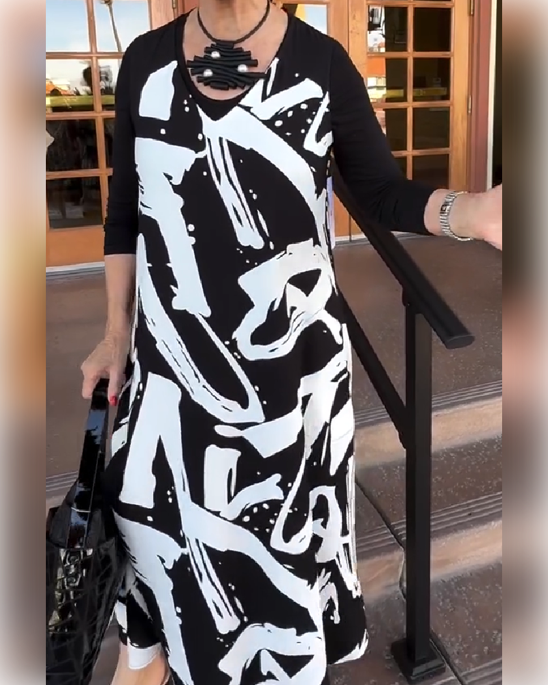 Kjole Langærmet Patchwork Trykt