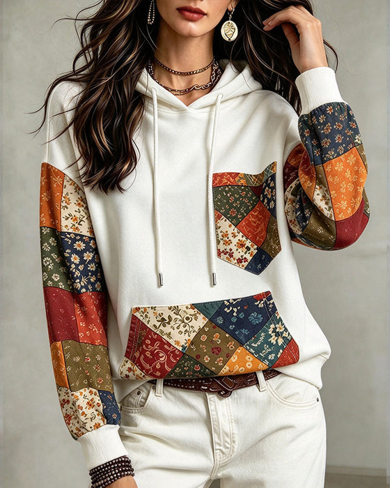 Hoodie Patchwork Tryk Hætte