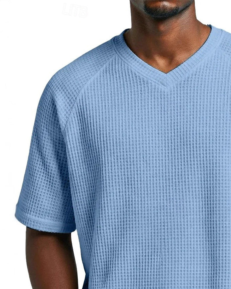 Herre V-Hals T-Shirt I Waffelstruktur, Afslappet Kortærmet Top I Ensfarvet