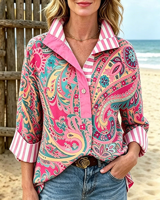 Bluse Patchwork Blomstrende Tryk Casual