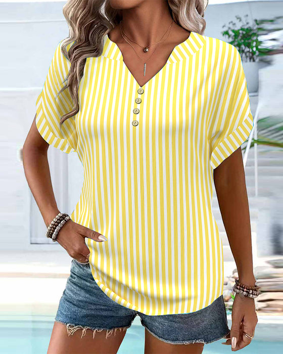 T-shirt V-hals Stribet Farveblok