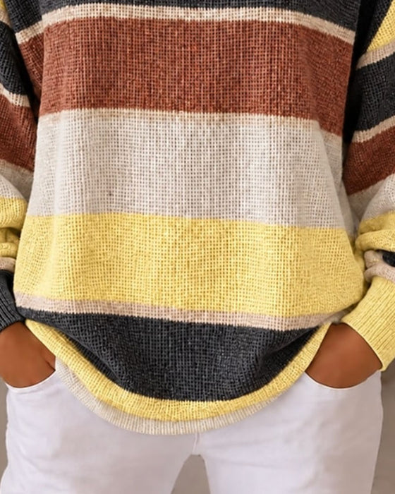 Sweatshirt Rund Hals Knappet Kontrast Stribet