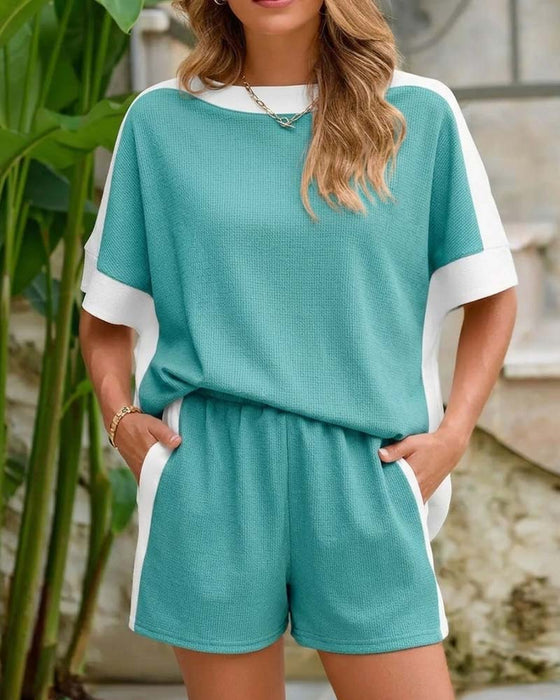 Set Farveblok Kort Ærme Shorts Afslappet