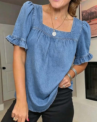 Bluse Firkantet Hals Rynket Denim