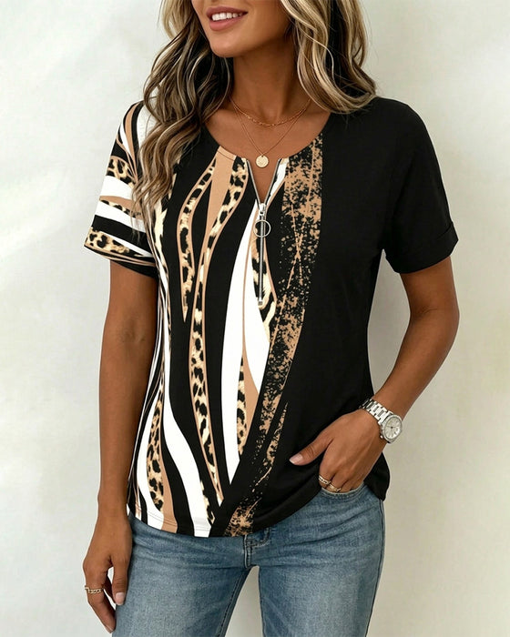 T-Shirt Lynlås Leopard Tryk Farveblok Casual