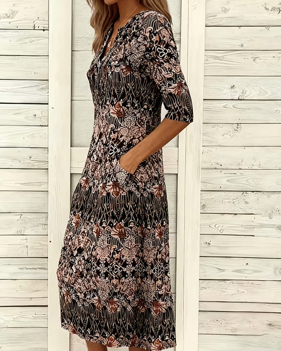 Kjole V‑hals Tryk Patchwork Halvlangærme
