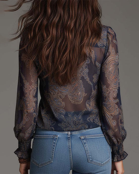 Bluse Halvlås Rynke Retro