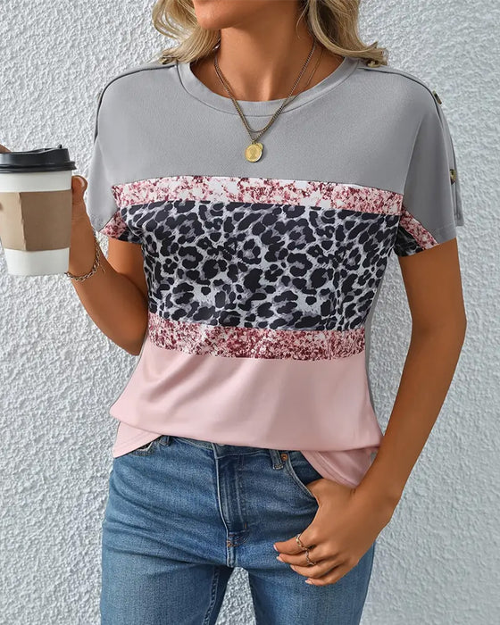T-Shirt Rund Hals Leopardmønster Farveblok