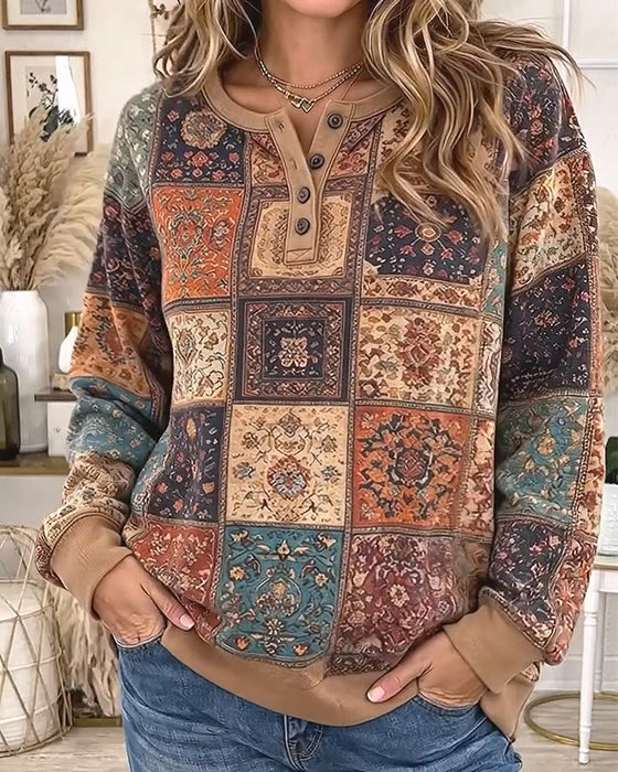 Sweatshirt Rund Hals Knappet Rutemønster Kontrast