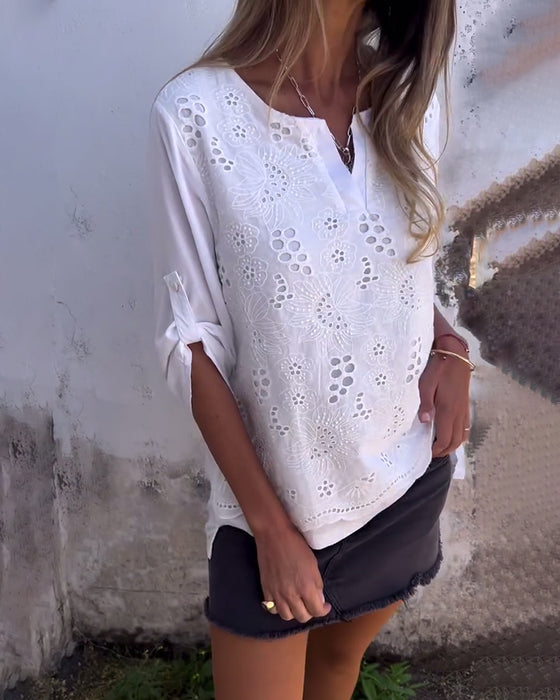 Bluse Ensfarvet Patchwork Trykt Oprullede Ærmer