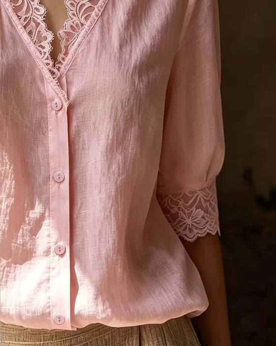 Bluse V-Hals Blonder Patchwork Ensfarvet Tre Kvart Ærme
