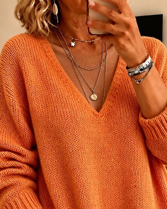 Pullover Løs V-Hals Droppet Skulder