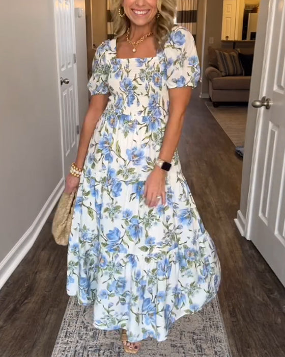 Kjole Firkantet Udskæring Plisseret Blomstret A-Linje