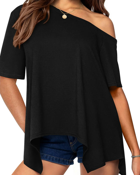 T-Shirt Asymmetrisk Off-Skulder Kort Ærme