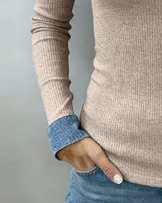 Top Kontrastfarve Klap V-hals Langærmet